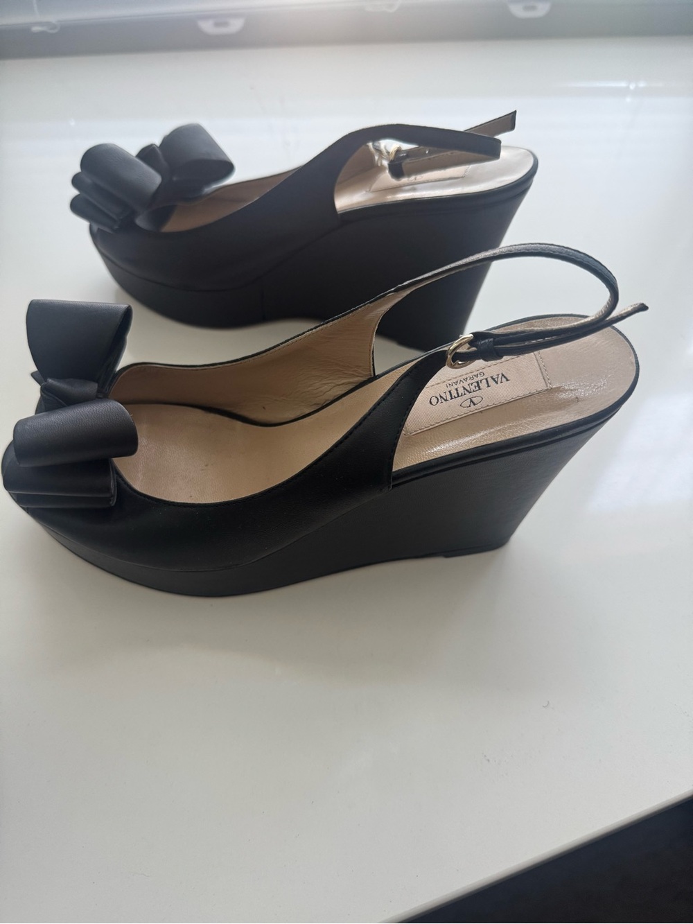 Valentino Black Bow Slingback Wedge Sandals